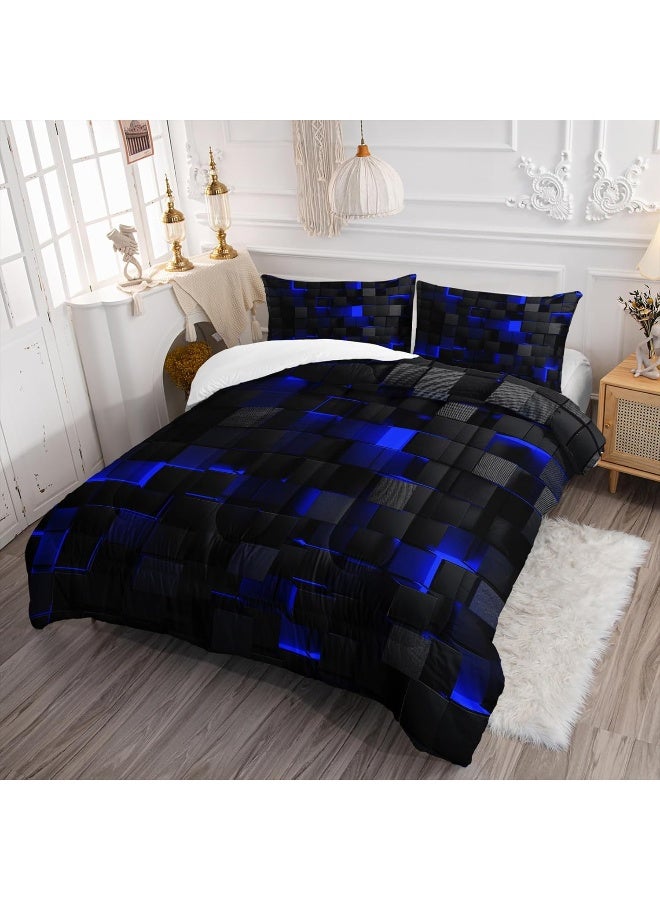 Nttopship Geometric Blue Black Comforter Set, Light Honeycomb 3 Piece Bedding Set Queen Size for Teen Boys, Modern Quilt Set Geometry Decor, Microfiber Lightweight 1 Comforter 2 Pillowcases All Season - Image 3